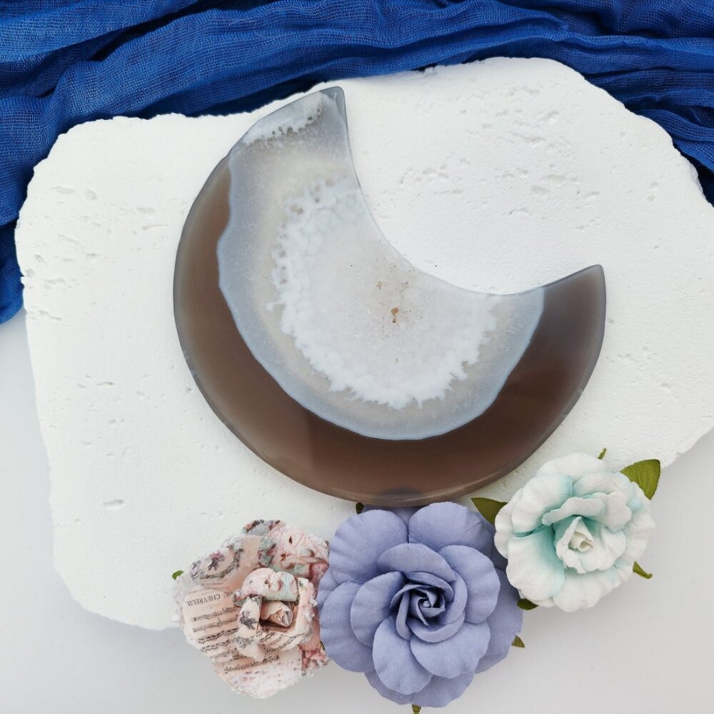 Large Druzy Agate Flat Moon Crystal Carving